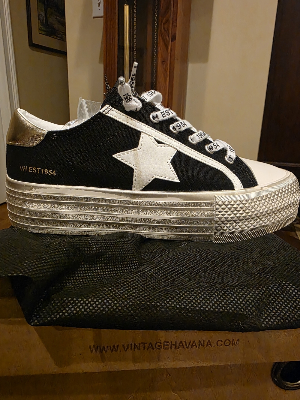 Vintage Havana Black Canvas Platform Sneaker with White Star and Silver Accent
